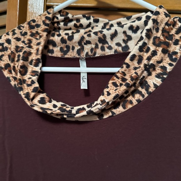 Brown Cowl Neck Shirt with Leopard around neck and part of sleeves - Picture 3 of 5